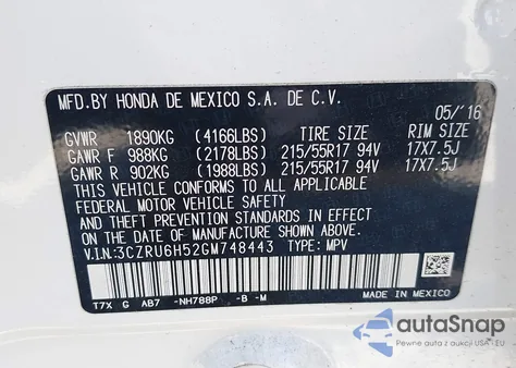 2016 Honda Hr-V Ex z USA, uszkodzony, nr VIN 3CZRU6H52GM748443